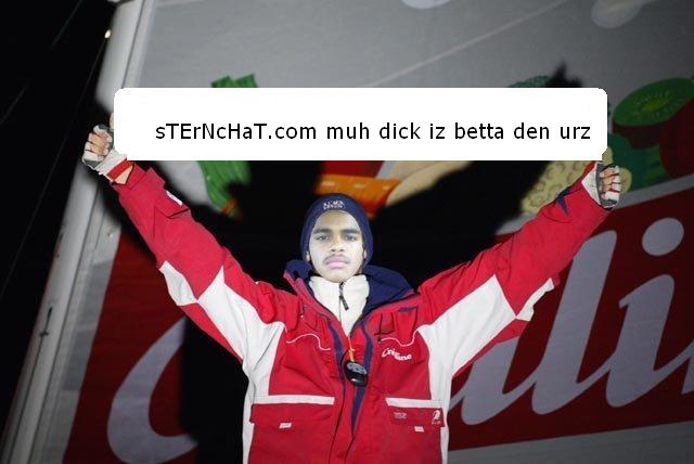 Person in red jacket with arms raised, text overlay