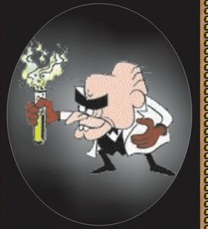 1972 Ford Ranchero - Mad scientist character illustration with a bubbling, smoking test tube.