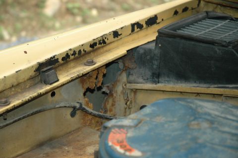 1972 Ford Bronco - Significant rust damage is visible in the engine bay of this vehicle.