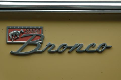1972 Ford Bronco - Close-up of a chrome Bronco Sport emblem with a horse graphic.