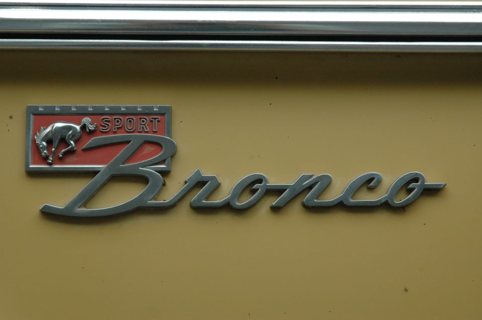 Bronco Sport emblem on yellow vehicle body. Horse graphic on red background