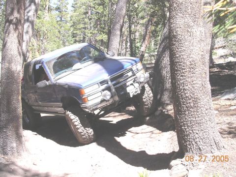 1994 Ford Bronco - A blue SUV is shown off-roading on a dirt path surrounded by trees.