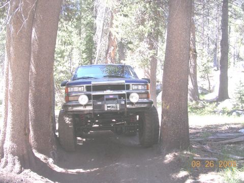 1994 Ford Bronco - Off-road pickup truck navigating a narrow path through a forest.