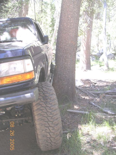 1994 Ford Bronco - A 1994 Ford Bronco is parked off-road, close to a tree, with its front tire visible.
