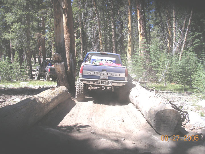 Blue Chevrolet pickup truck driving over logs in a forest. Another off-road vehicle is visible in the background