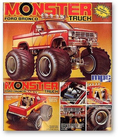 1986 Ford Bronco - Box art for the MPC 1986 Ford Bronco Monster Truck model kit, detailed graphics and large tires.