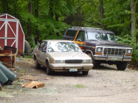 1979 Ford Bronco - A dark brown and orange Ford Bronco is parked in front of a wooded area next to a tan sedan.