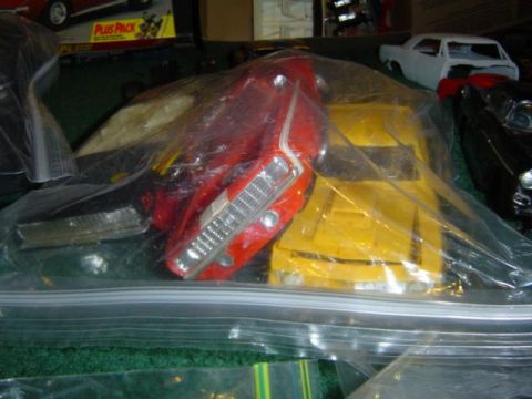 1979 Ford Bronco - Model car parts are stored in plastic bags, obscuring details.