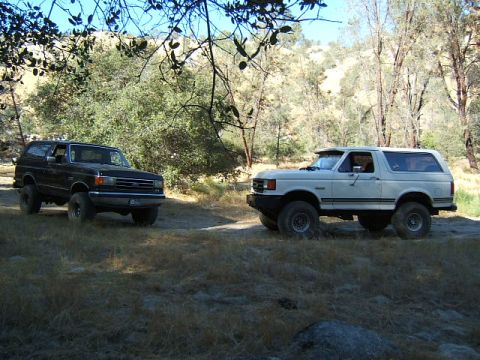 1988 Ford Bronco - Two Ford Broncos are parked in a dry, grassy area with trees and hills in the background.