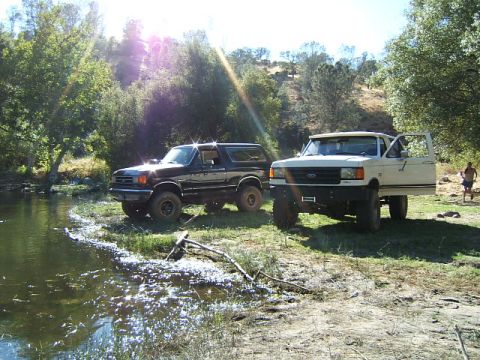 1988 Ford Bronco - Two Ford trucks are parked on the grassy bank of a body of water on a sunny day.