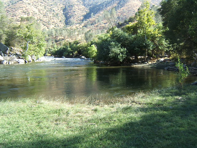 River flowing through a valley with trees and mountains