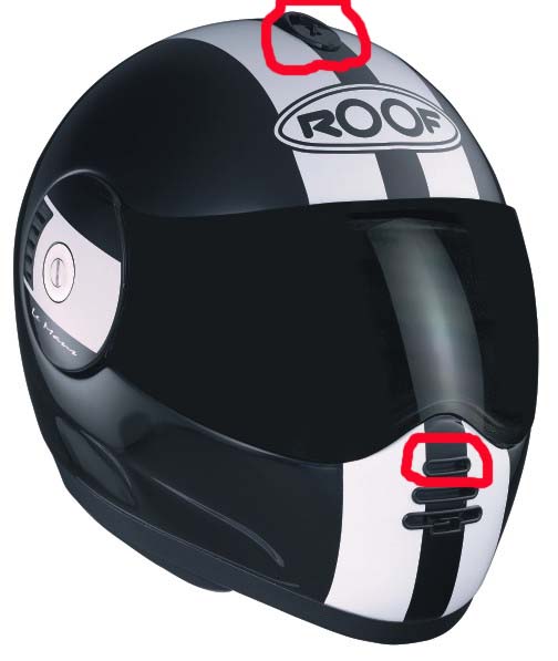 Black and white motorcycle helmet with red circles on vents and "ROOF" logo