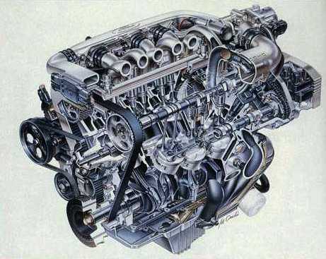 1991 Ford Taurus - Technical cutaway illustration of a transverse V6 engine, rendered in silver-blue with sectioned cylinders, pistons, valvetrain and intake…