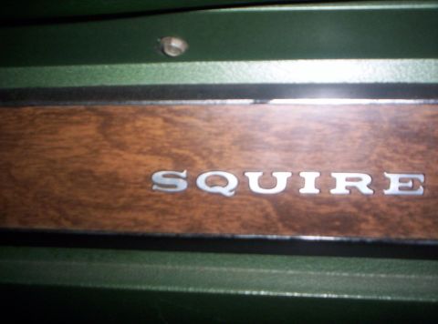 1973 Ford Ranchero - Close-up of woodgrain trim with the SQUIRE nameplate.