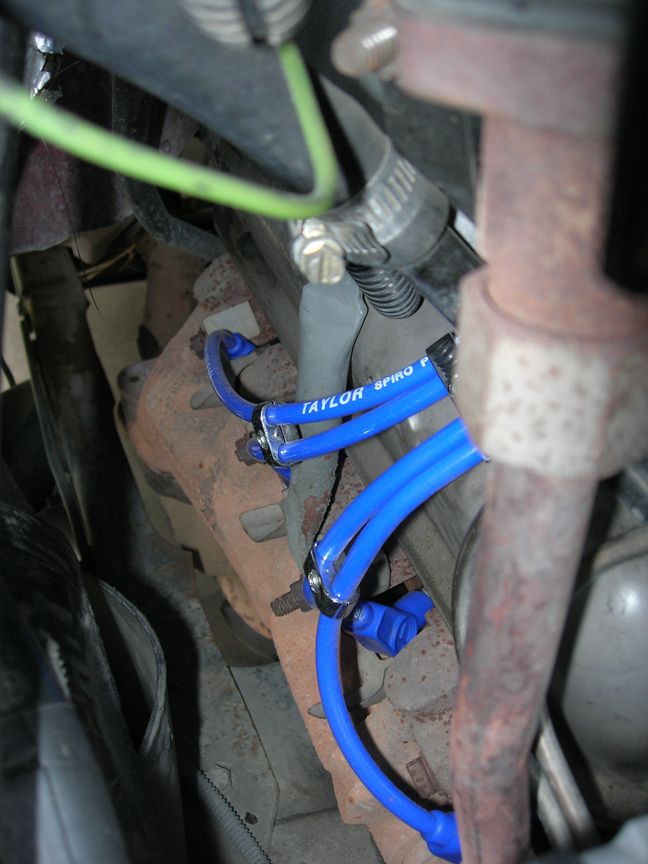 Blue spark plug wires with 'TAYLOR SPIRO' text attached to engine components