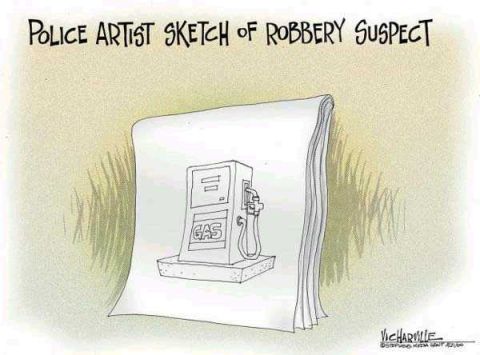 1972 Ford Ranchero - Sketch of a gas pump labeled 'GAS' is shown on a document titled 'POLICE ARTIST SKETCH OF ROBBERY SUSPECT'.