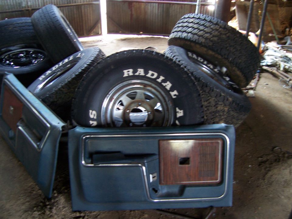 Car doors and radial tires stacked