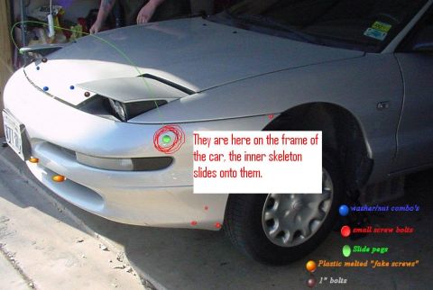1993 Ford Probe - Close-up of a silver 1993 Ford Probe's front end, highlighting specific points with red circles and green dots.