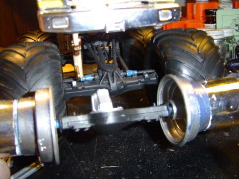 1979 Ford Bronco - Close-up view of a model truck's rear axle and suspension assembly.