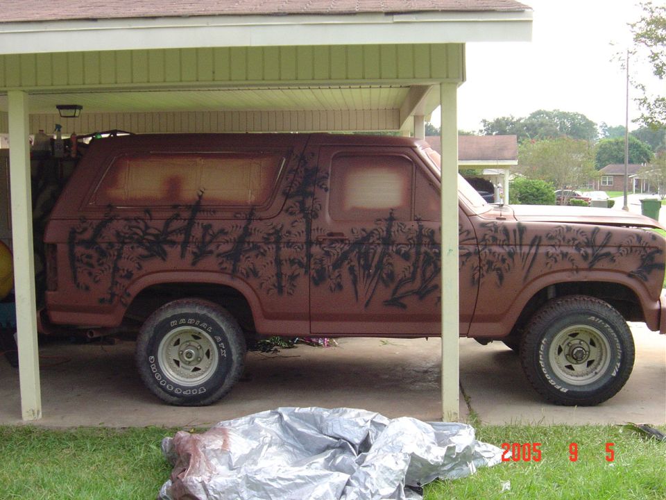 Side view of a 1982 Ford Bronco with custom palm tree graphics