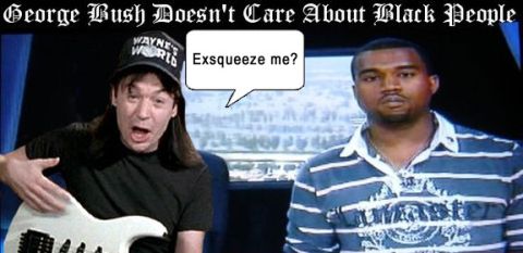 1995 Ford Bronco - This image features Kanye West and Mike Myers, with a controversial statement overlaid and a speech bubble.