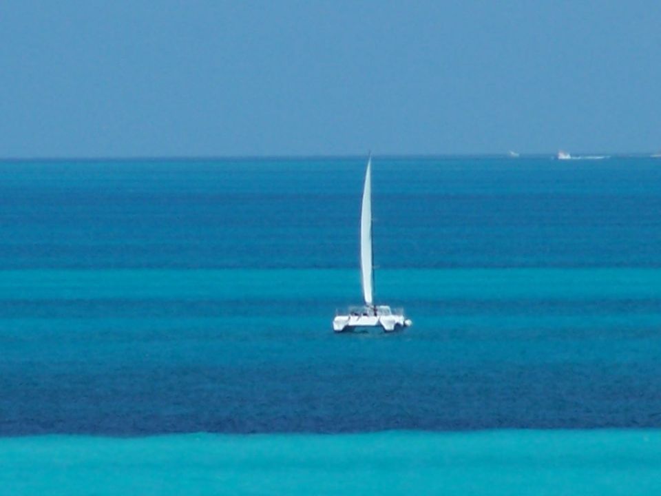 White catamaran sailboat with a tall mast and sail on bright blue ocean water