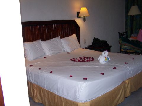 1979 Ford F-150 - A hotel room bed is prepared with rose petals and a towel swan for guests.
