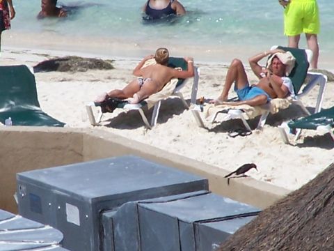 1979 Ford F-150 - People relax on a sandy beach, with some wading in the turquoise water.