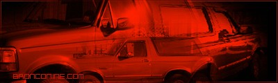 1995 Ford Bronco - A red-tinted side profile of a 1995 Ford Bronco is shown, with website text at the bottom.