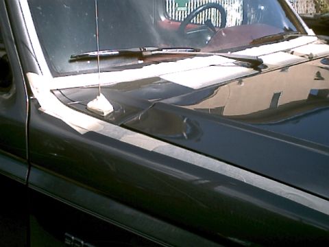 1990 Ford Bronco - Close-up view of a vehicle's hood and windshield, showing reflections of a building.