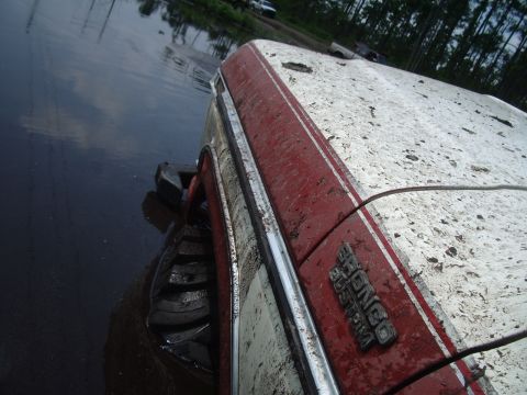 1978 Ford Bronco - This 1978 Ford Bronco is partially submerged in water, with mud splattered across its exterior.