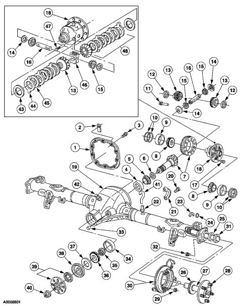 2000 Ford Crown Victoria - 1. Differential housing cover 2. Identification tag 3. Differential housing cover bolt 4. Rear axle pinion bearing cup (Rear) 5. Differenti…