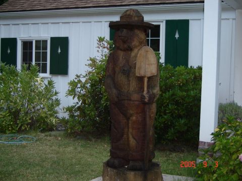 1993 Ford Bronco - A wooden statue of Smokey Bear stands in a grassy yard next to a white house.