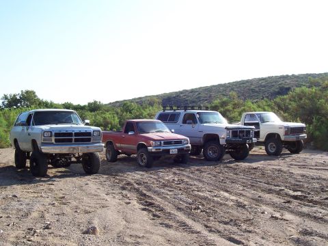 1981 Ford F-150 - The lineup: Dan's Ramcharger on D60 with electrac, high steer, D70 LS. Jared's pretty much stock for now toy Scott's GMC on 14 bolt gov-loc…