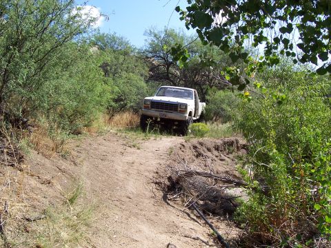 1981 Ford F-150 - There was some pucker factor for us fullsizers here, as this ledge was quite tall. It had been washed out from the last flood.