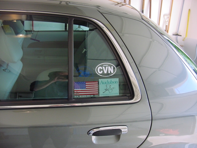 Rear side window of gray sedan with CVN oval, American flag, and Audubon stickers