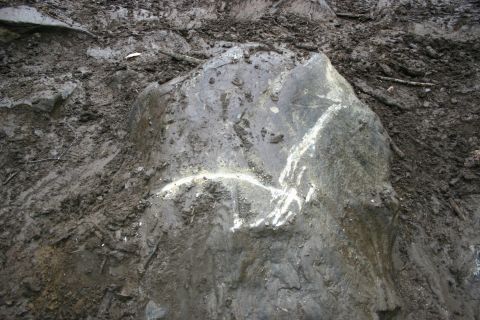 2003 Jeep TJ - A large rock with white chalk markings is visible in a muddy, outdoor environment.