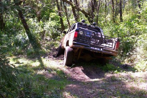 1992 Ford Ranger - Off-road truck stuck in mud on a wooded trail.