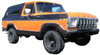 1979 Ford Bronco - A two-tone orange and blue Ford Bronco is shown from a three-quarter front angle.