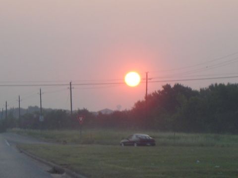 1988 Ford LTD Crown Victoria - A lone car sits in a field as the sun rises through a hazy sky.