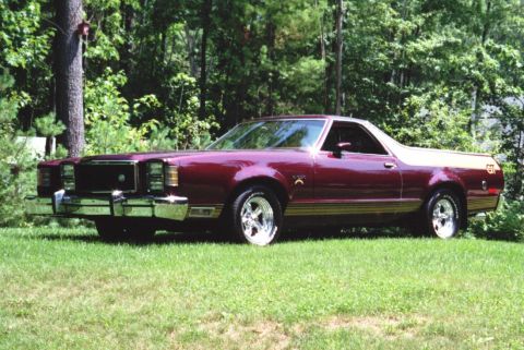 1972 Ford Ranchero - This maroon pickup truck features gold trim and a GT badge, viewed from the front three-quarter angle. The body style suggests a 1977 model…