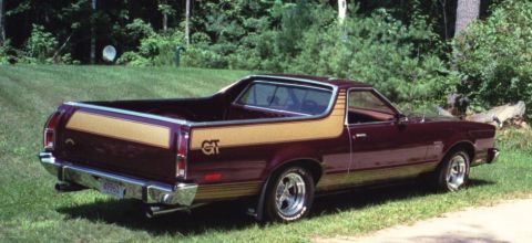 1972 Ford Ranchero - This Ford Ranchero GT features a distinctive gold stripe along its side and bed.