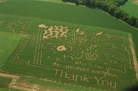 1990 Ford Bronco - Aerial photo of a corn maze cut into a green field, depicting an eagle and an American flag above the words "To those who have given the gr…
