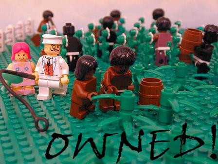 1990 Ford Bronco - A Lego minifigure diorama on a green baseplate showing figures in brown outfits working rows of green plant pieces with buckets, alongside…