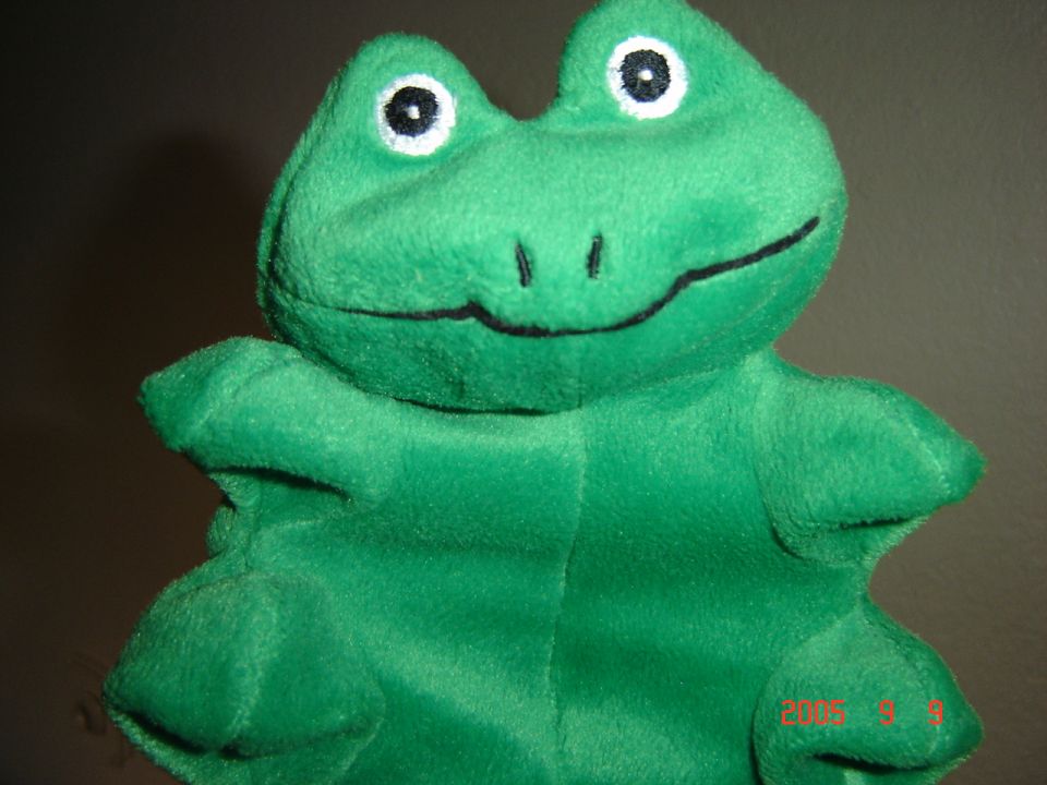 Green plush frog toy with wide smile and big eyes