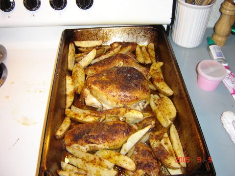 1993 Ford Bronco - A close-up view of a baking pan filled with roasted chicken and potato wedges, with a stovetop in the background.