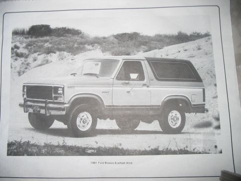 1986 Ford Bronco - Photo of a printed black-and-white brochure page captioned '1981 Ford Bronco 4-wheel drive', showing a two-tone full-size Bronco in profile…