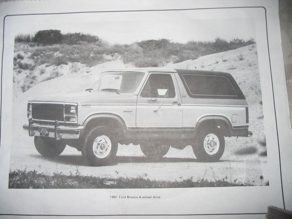 1981 Ford Bronco 4-wheel drive brochure photo of a two-tone Bronco on a sandy dirt track