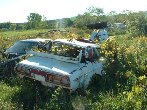 1978 Ford Mustang II - This heavily damaged vehicle appears to be a 1975 Ford Mustang II, seen in a junkyard.