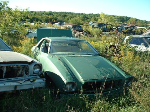 1978 Ford Mustang II - Green Mustang II notchback coupe abandoned in a weedy salvage yard, shot in three-quarter front view with faded oxidized paint, hood louver…